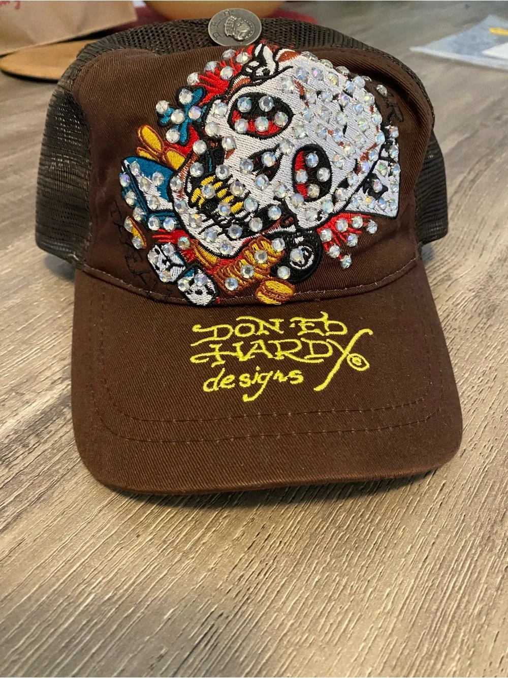 Ed Hardy Brown Trucker Hat with Crystal Skull and Multicolor Embroidery